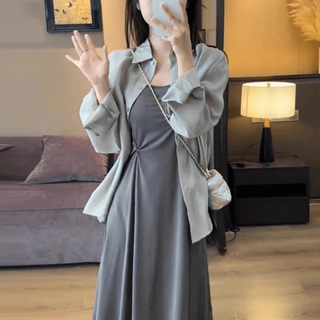 防晒衬衫搭配吊带长裙两件套装裙大码胖mm法式收腰背心连衣裙女夏