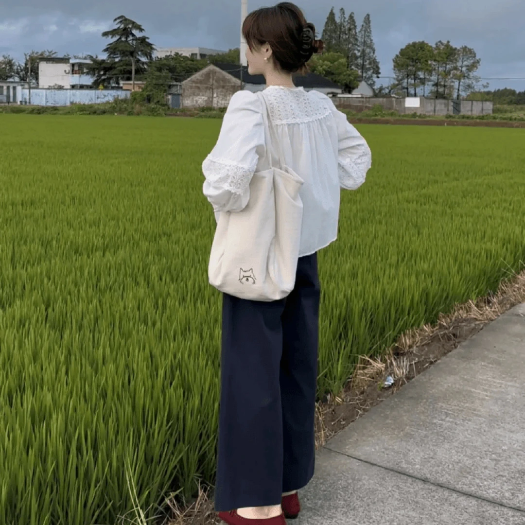 2025森系女装钩花镂空蕾丝拼接衬衫休闲时尚显瘦高腰阔腿裤两件套