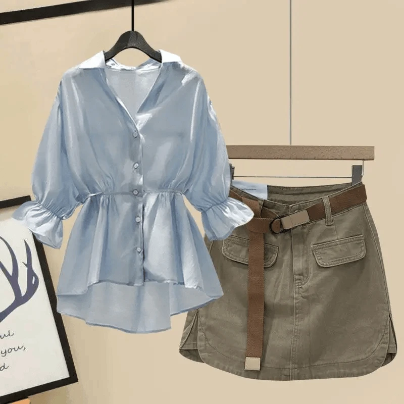 大码女装微胖mm梨形身材时髦遮肚显瘦雪纺衫上衣高腰半身裙两件套