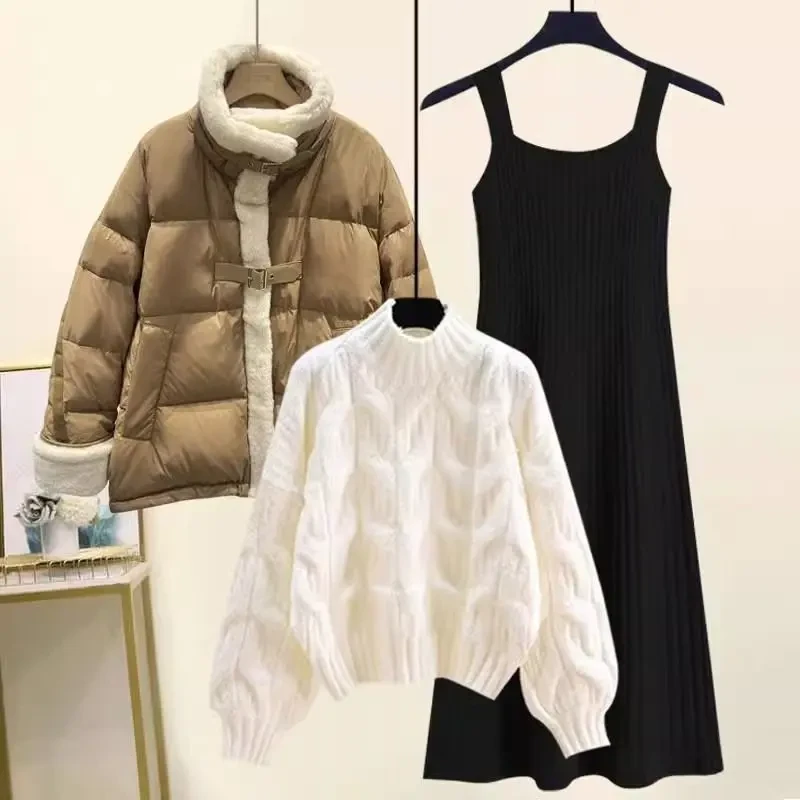 2023新款套装女冬季棉服外套女高级感毛衣时尚百搭吊带裙三件套潮