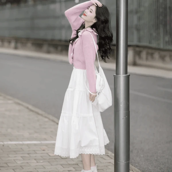 2024早秋新款法式粉色小香风短款针织开衫上衣女洋气减龄半身裙女