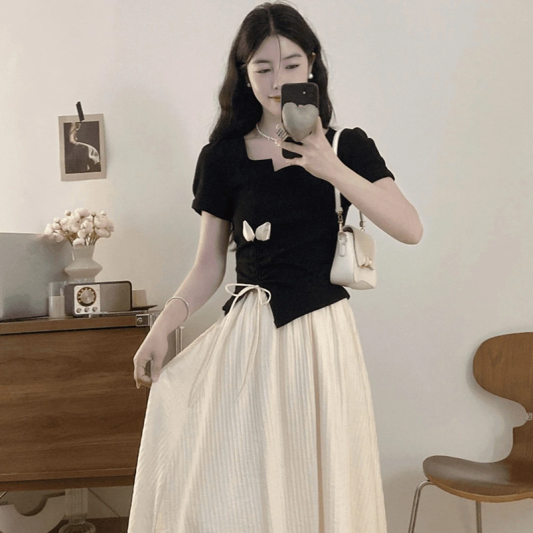 2025夏季新款小香风微胖mm短袖上衣女显瘦百搭半身裙高级感两件套