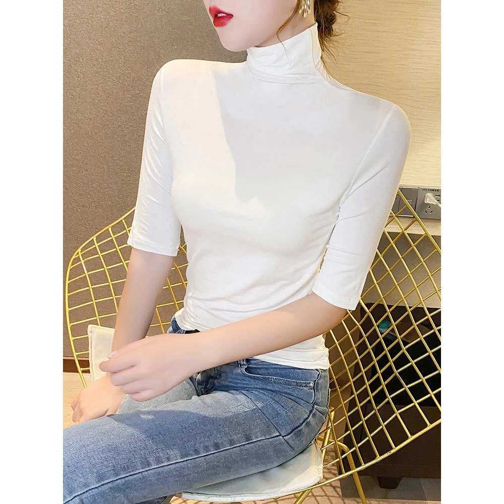 薇卡琳白色高领中袖打底衫女内搭2023新款修身高级感五分半袖T恤