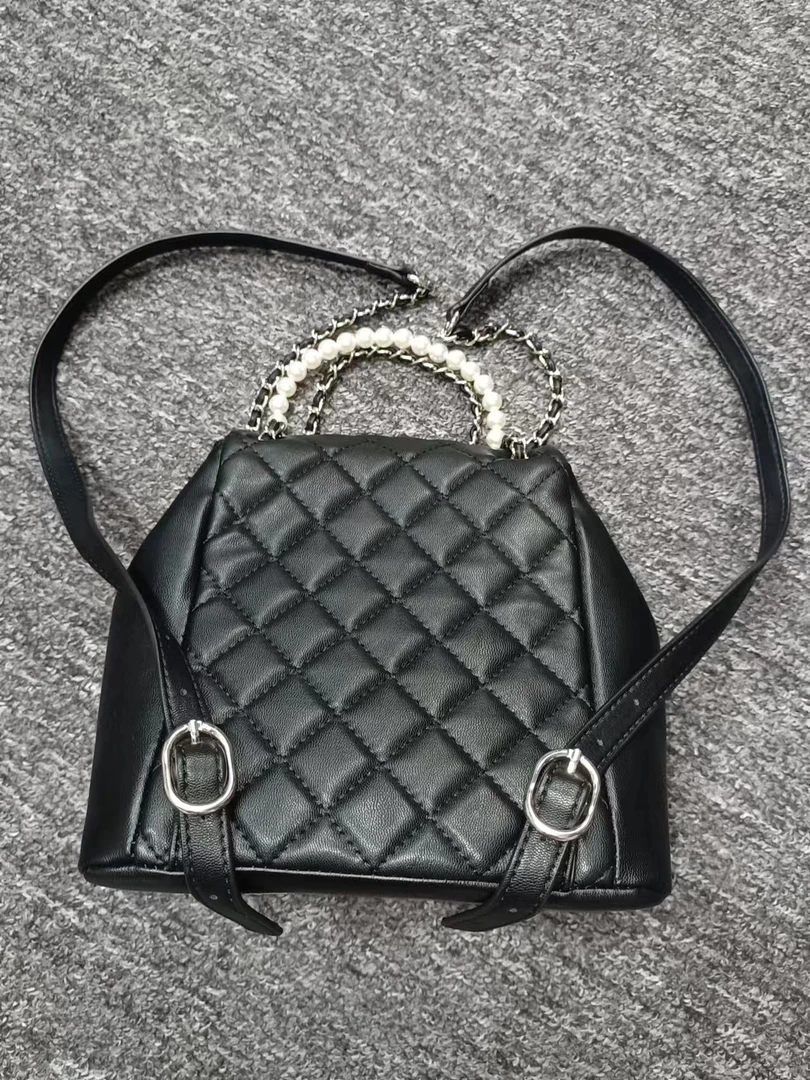 姝宴真皮女包珍珠双肩黑色