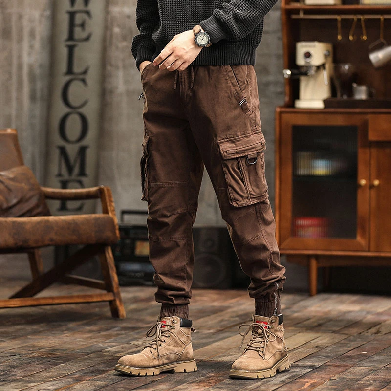 多口袋秋冬厚款美式复古长裤牛仔裤裤子日系大码宽松做旧男士户外