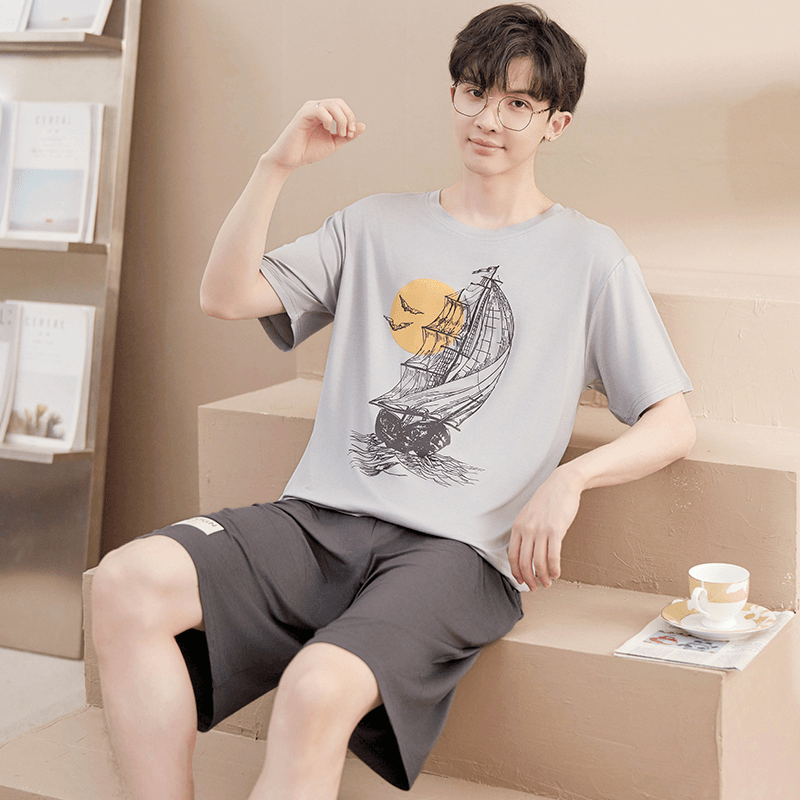 男款睡衣夏季莫代尔短袖套装简约外穿家居服春夏新款圆领舒适