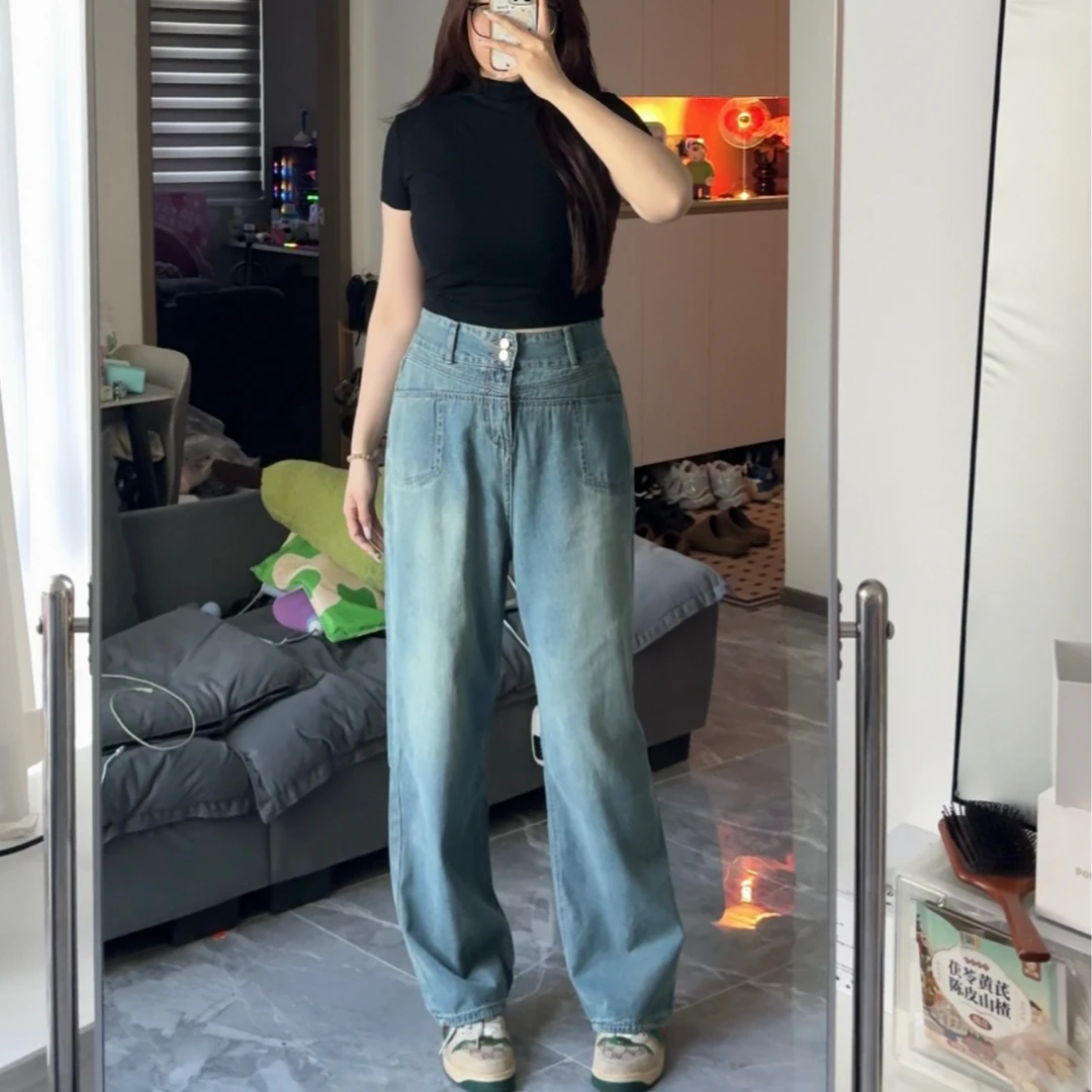 胖mm新品时尚高腰百搭复古春夏设计感阔腿窄版牛仔裤女大码5888