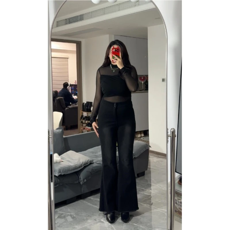 胖mm大码显瘦高腰收腹渐变鱼尾喇叭牛仔裤女辣妹外穿修身垂感5898