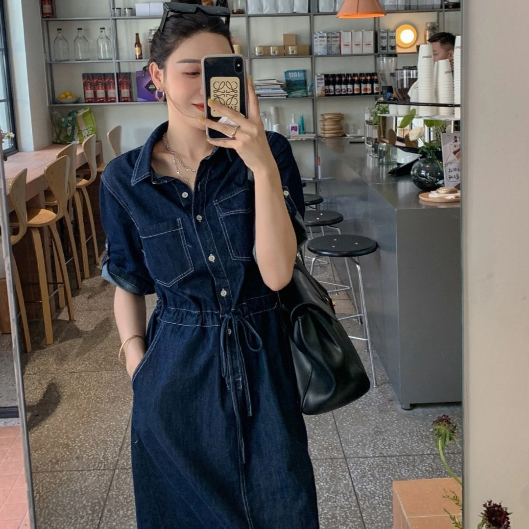 早秋牛仔连衣裙女2022秋装新款中长款复古裙收腰宽松休闲一步裙子