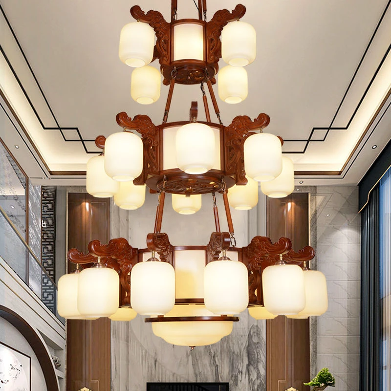 新中式大吊灯中国风别墅实木仿古寺庙大灯中式复式楼中空三层吊灯