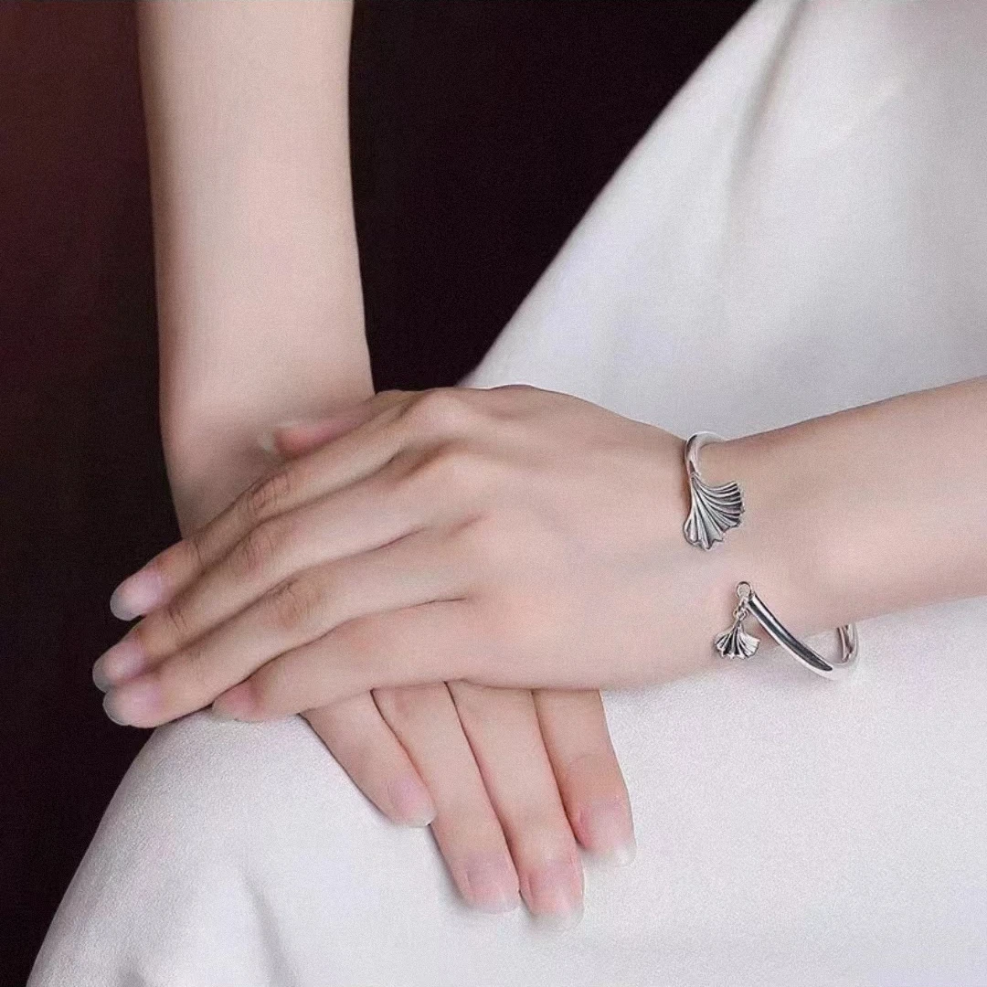 足银手镯 【A25】15.5克足银999.9好运连连银杏叶莲花开口手镯