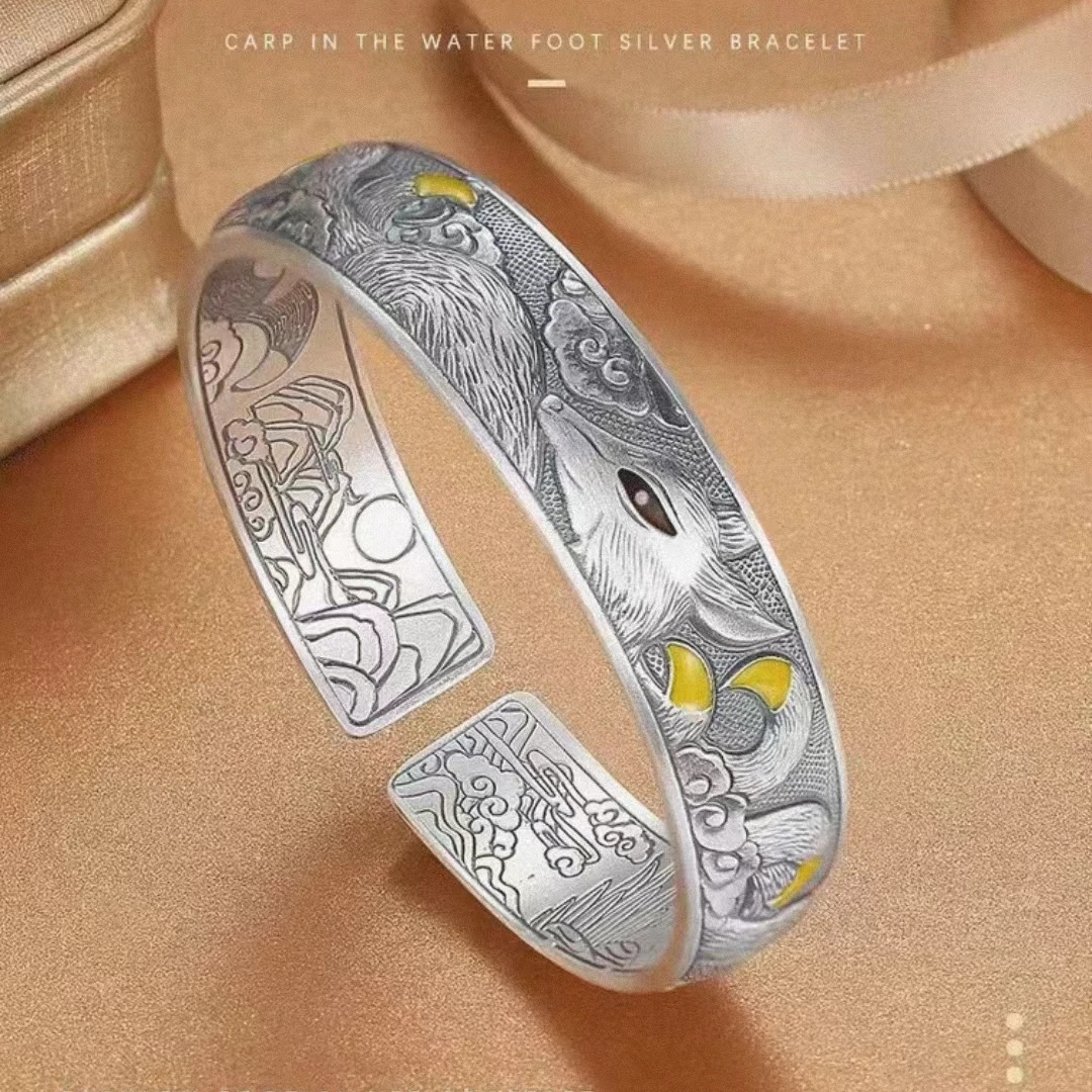 足银手镯 【A15】27克 足银999.9纯银珐琅彩九尾开口实心银镯