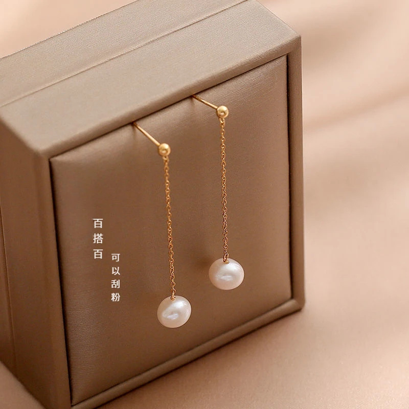 8mm天然淡水强光珍珠925银精致甜美耳环女气质复古百搭防过敏长款