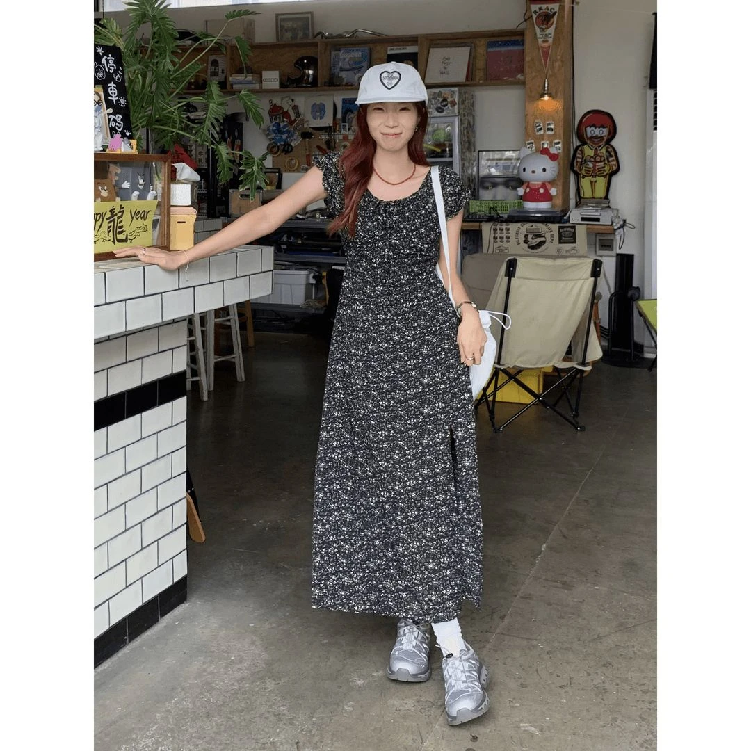 气质典雅法式复古收腰显瘦碎花连衣裙抽身设计侧开叉薄款裙