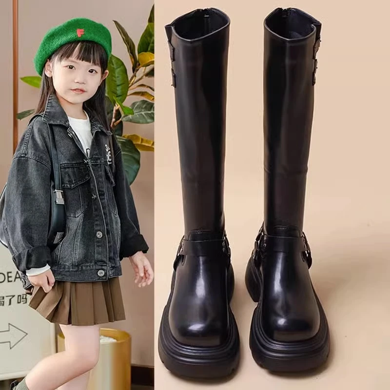 女童马丁靴春秋款高筒靴时尚爆款2025新款加绒小女孩儿童长筒靴子