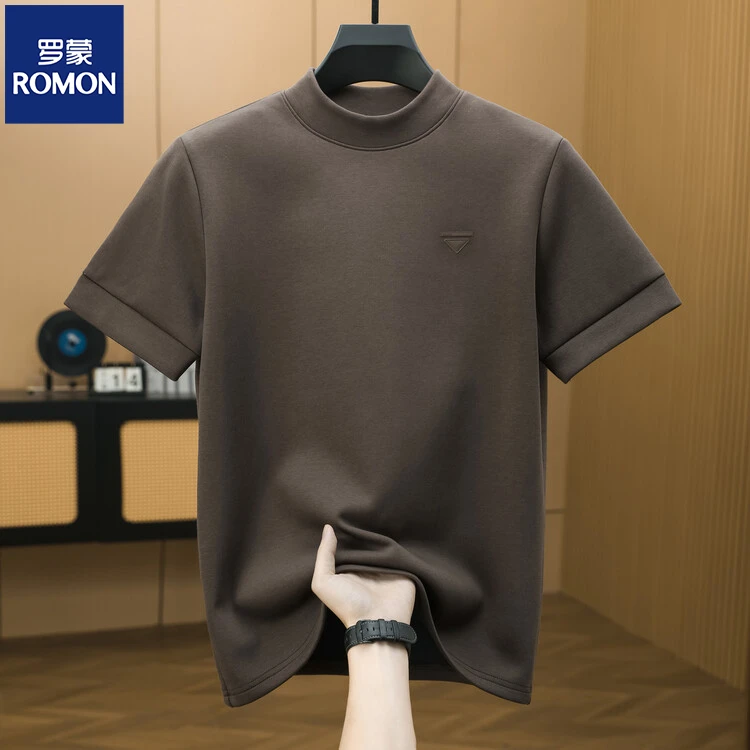 Romon/罗蒙加厚短袖百搭半高领T恤男士内搭打底衫秋冬季休闲半袖