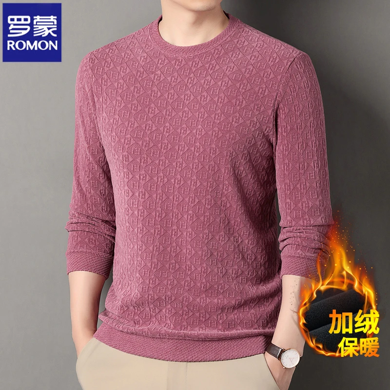 Romon/罗蒙冬季新款毛衣圆领针织衫男装高档休闲长袖上衣潮流百搭