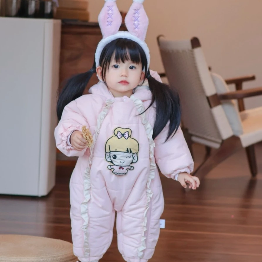 婴儿厚棉衣卡通双拉新生儿冬季印花儿童加厚宝宝冬款连帽加绒保暖
