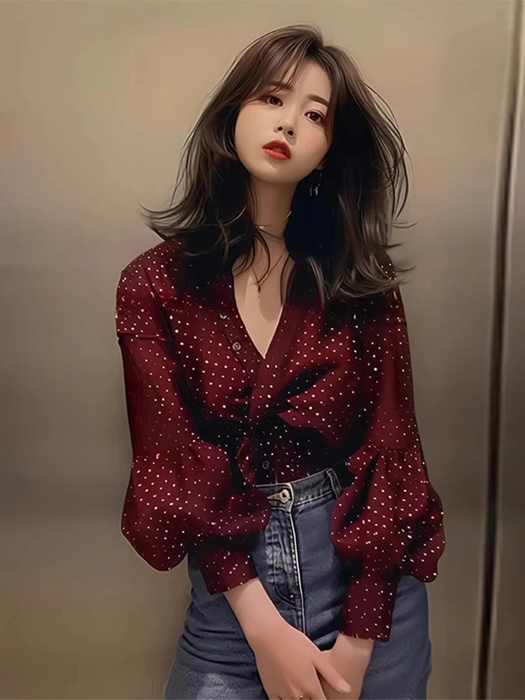 酒红色波点灯笼袖气质小衫长袖衬衫奢华大牌高端女士初秋上衣