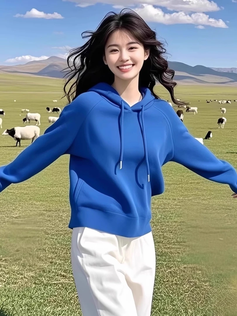 克莱因蓝连帽套头长袖卫衣女2024冬季新款宽松显瘦超好看绝美上衣