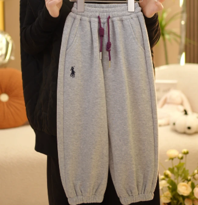 【米小洛】24新款秋冬加绒针织中大童洋气时尚休闲灰色卫裤