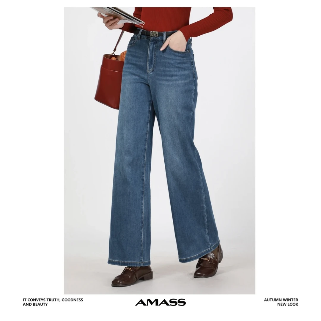 AMASS/阿玛施  秋冬新款5100388  热力感高腰直筒显瘦植绒牛仔裤