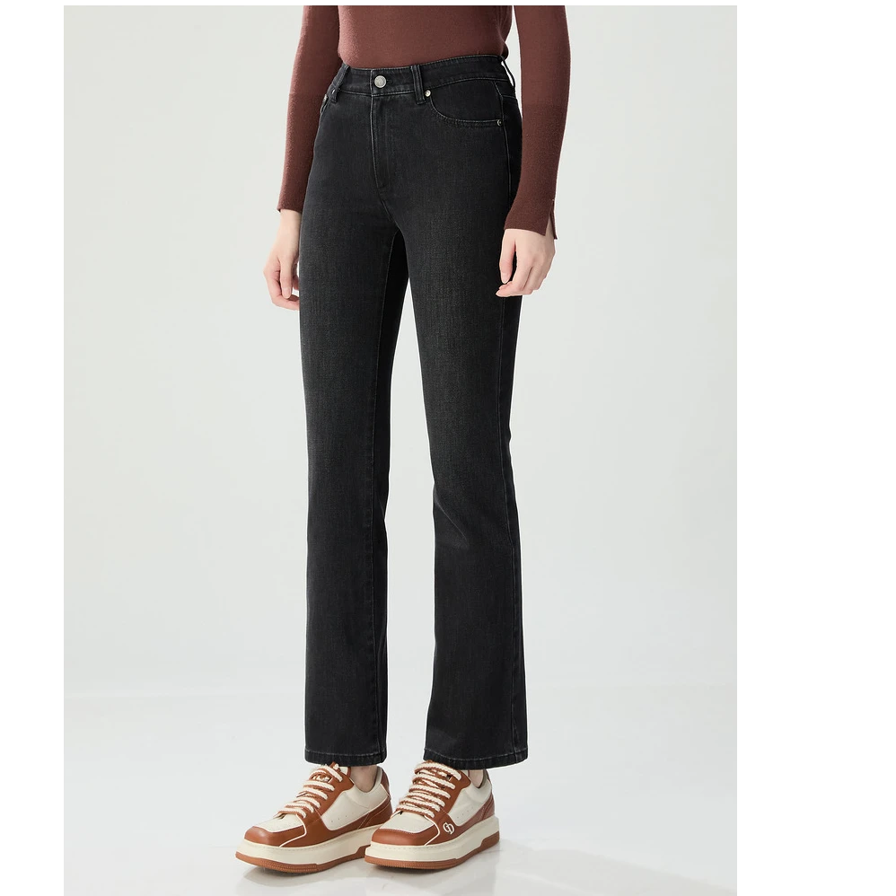 AMASS/阿玛施新款百搭热力感植绒直筒牛仔长裤中高腰女士5100481