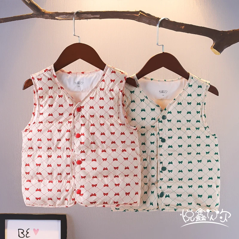 儿童羽绒马甲2025秋冬新款女童羽绒服印花背心男宝内穿白鸭绒坎肩