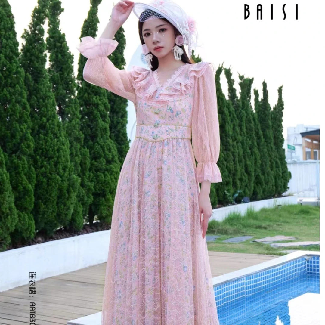 百丝BAISI连衣裙（粉）AATB308304R6轻奢法式时尚甜美温柔碎花长袖