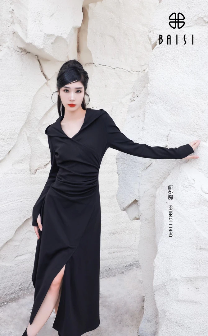 BAISI百丝连帽连衣裙AATB401114A0(黑）开叉连衣裙修身包臀收腰