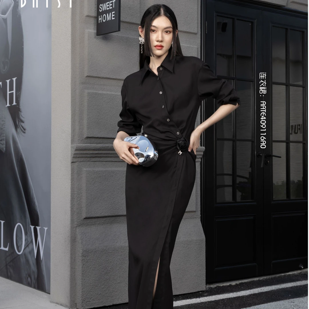 BAISI百丝设计感连衣裙AATE409116A0黑色