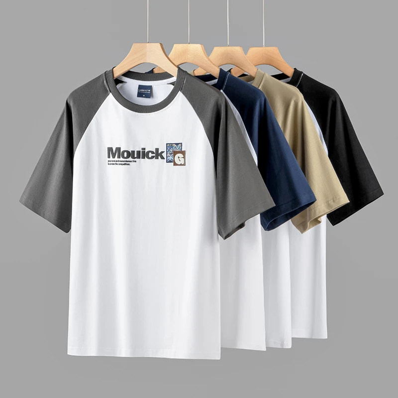 撞色插肩袖t恤男重磅纯棉短袖夏季新款字母印花情侣宽松圆领半袖