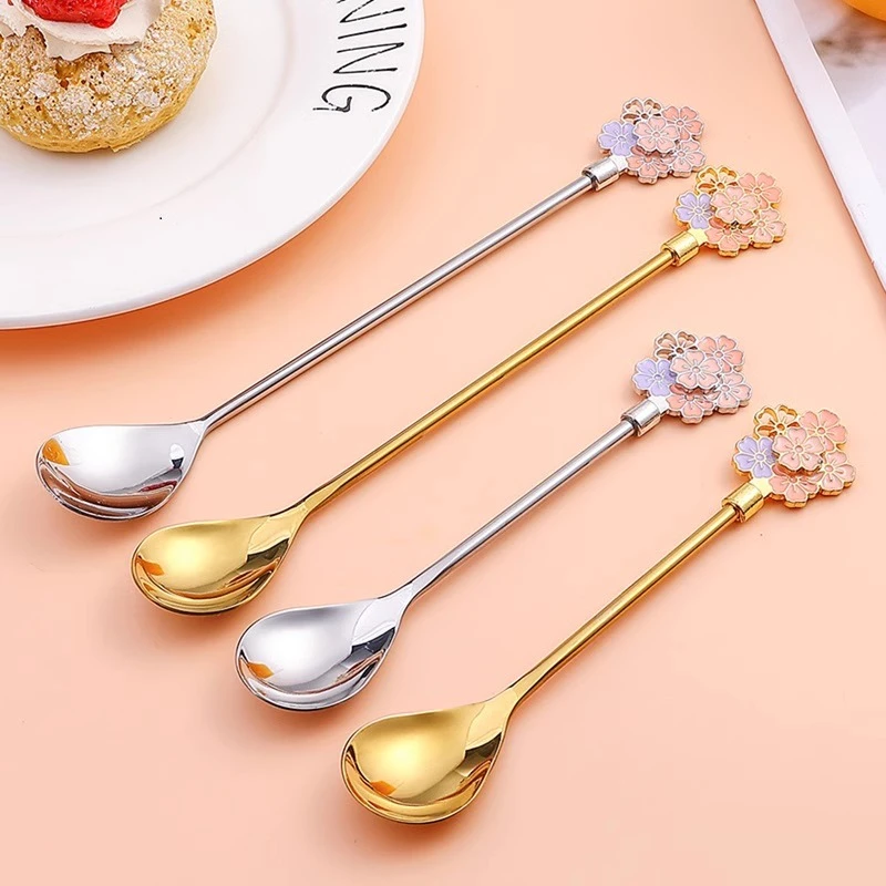 韩式304不锈钢咖啡勺子少女风水杯樱花勺可爱家用搅拌长柄勺子