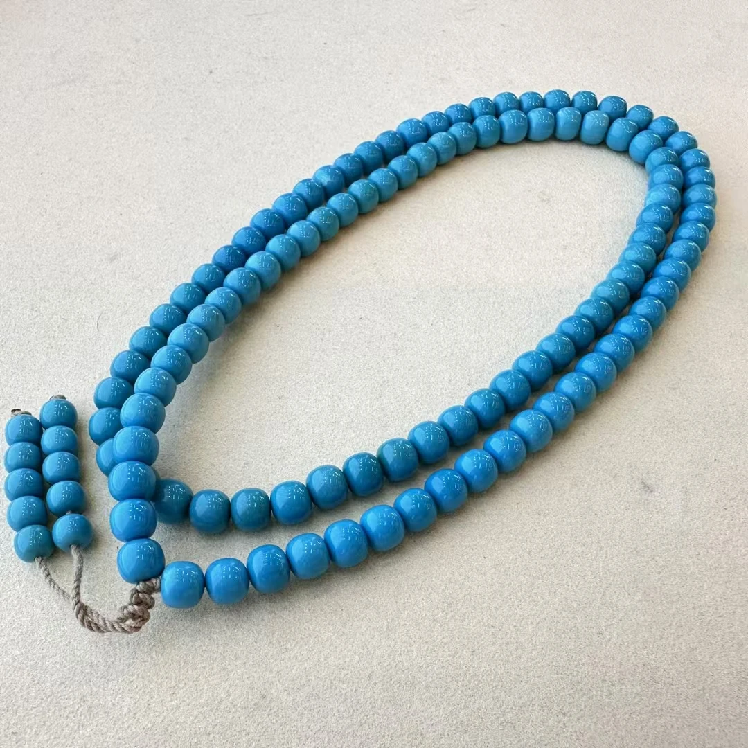 【莲心珠宝】暴力蓝老型108佛珠项链云盖寺原矿绿松石玉化料6.5mm