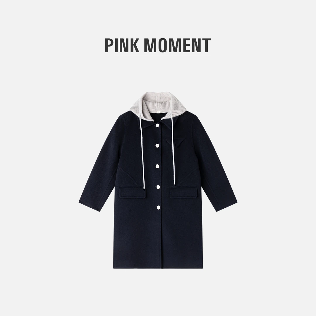 PM王囡囡 “乖巧学院风” 藏青色拼色带绳连帽外套 NC1C0363