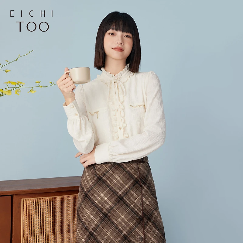 A爱居兔冬季肌理感淑女时尚木耳边绒感休闲衬衫ENEAJ4N002A