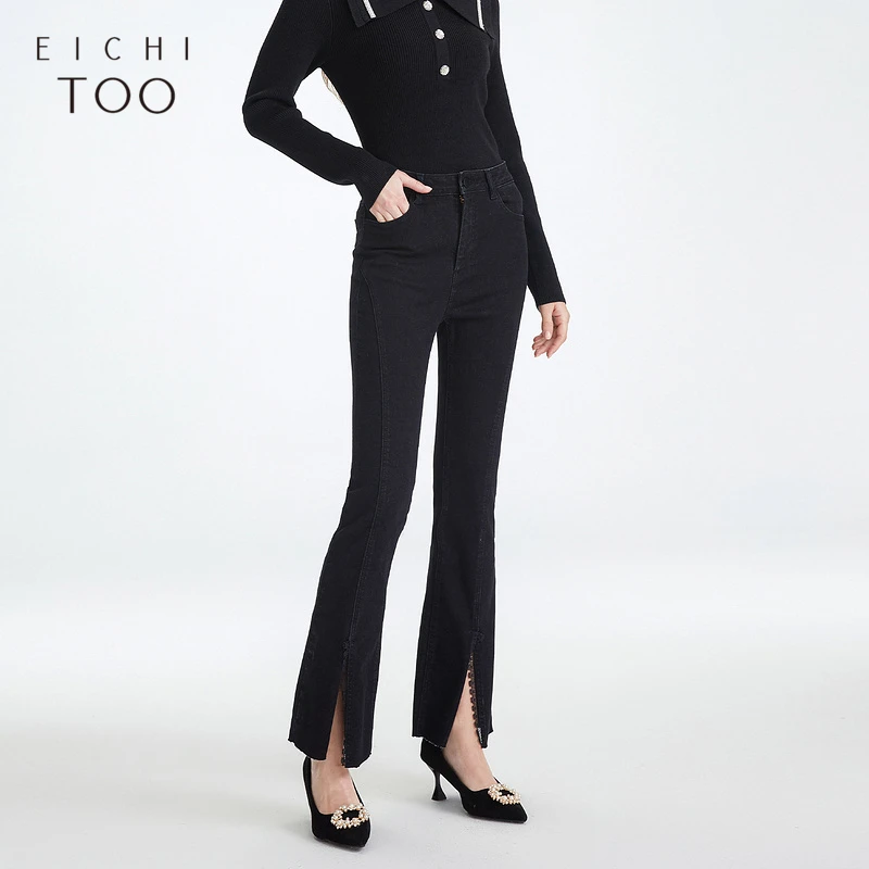 【诗语专属】爱居兔修身脚口开衩拼花时尚微喇牛仔裤EKNAJ3L016A