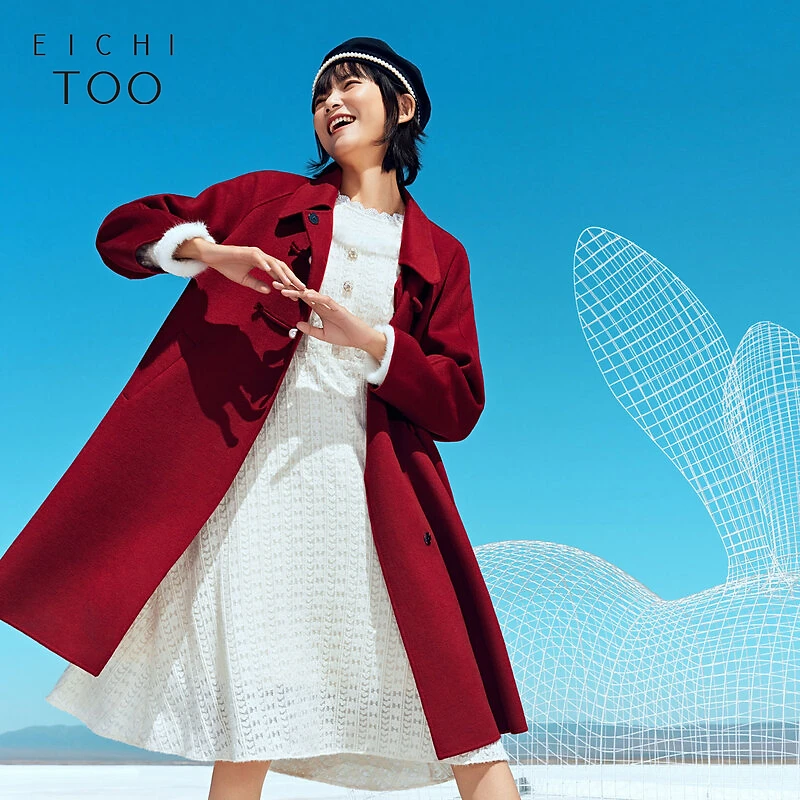 A爱居兔冬季A型气质款手工盘扣绵羊毛双面呢大衣EWDSJ4M015A