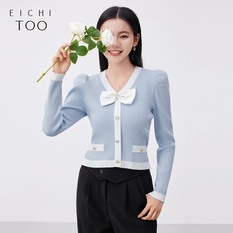 A爱居兔经典黑白撞色假口袋设计长袖针织衫ENZAJ1N018A