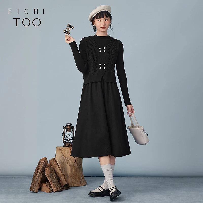 爱居兔柔软舒适复古时尚针织衫两件套连衣裙EQLSJ4N004A