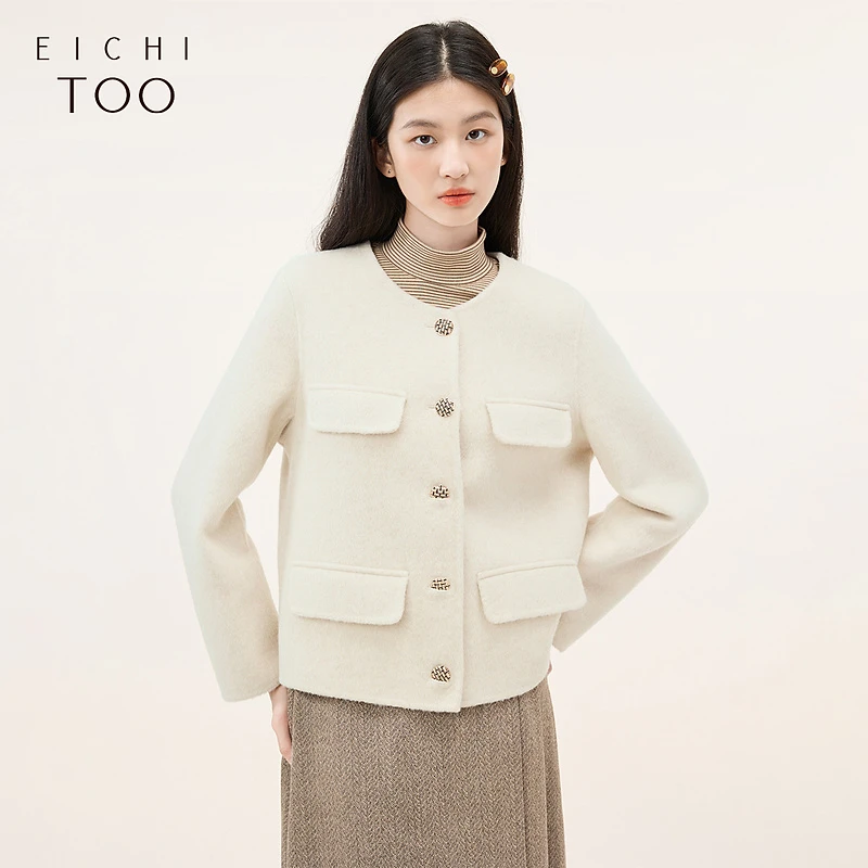 A爱居兔优雅时尚小香风圆领设计双面呢大衣EWDSJ4N003A