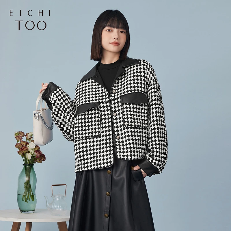 D爱居兔经典黑白粗花呢拼接设计感翻领外套EWJAJ4N001A