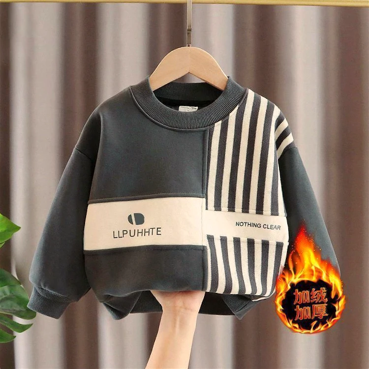 男童秋冬痞帅一体绒长袖加绒卫衣2023新款中大童保暖休闲上衣洋气