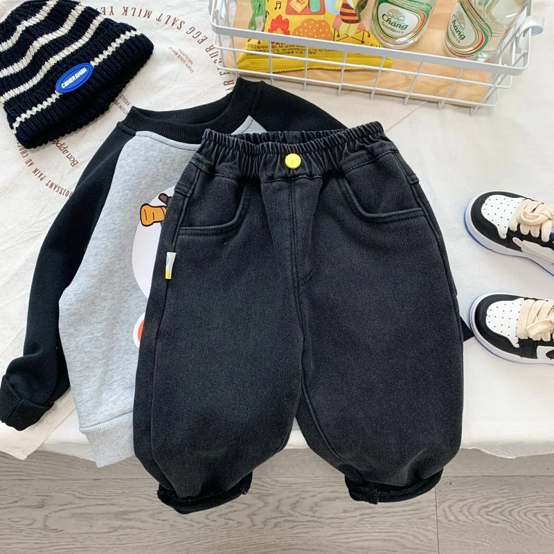 宝宝一体绒裤子男童加绒加厚牛仔裤儿童冬季韩版潮范弹力裤保暖