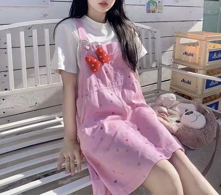 沅沅家甜美风爱心印花背带裙连衣裙女夏季宽松减龄A字裙短裙子