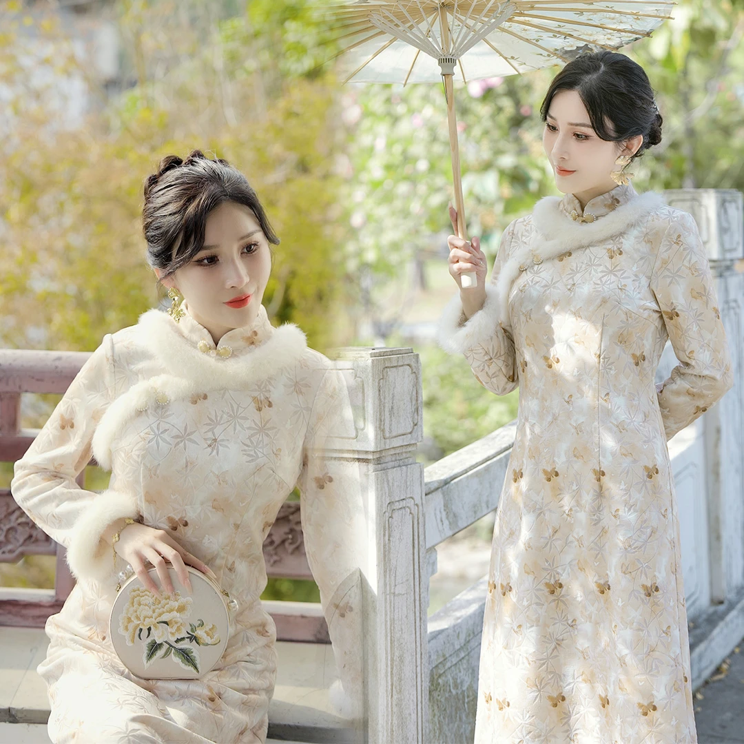 【风不约】新原创秋冬加绒厚款日常立体蝴蝶真毛国风改良旗袍连衣裙