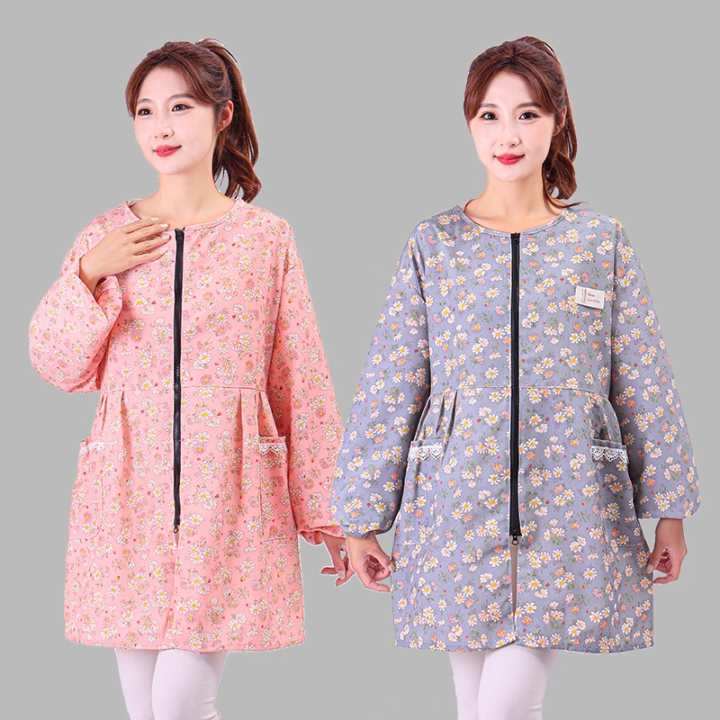 时尚纯棉拉链款罩衣正穿衣长袖围裙居家厨房防污加长女工作服大褂