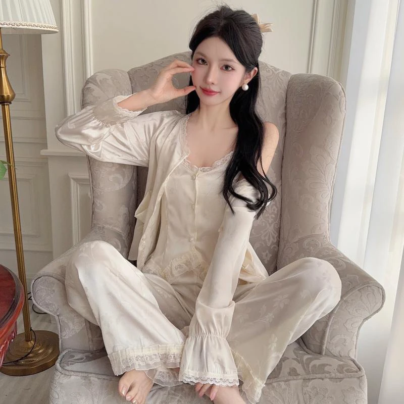 冰丝睡衣女春秋三件套2025中式新款中国风蕾丝吊带开衫提花家居服