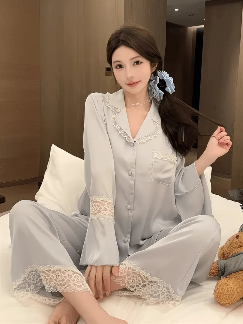 春秋季睡衣女款爆款2024新款冰丝可外穿蕾丝蝴蝶女士秋套装家居服