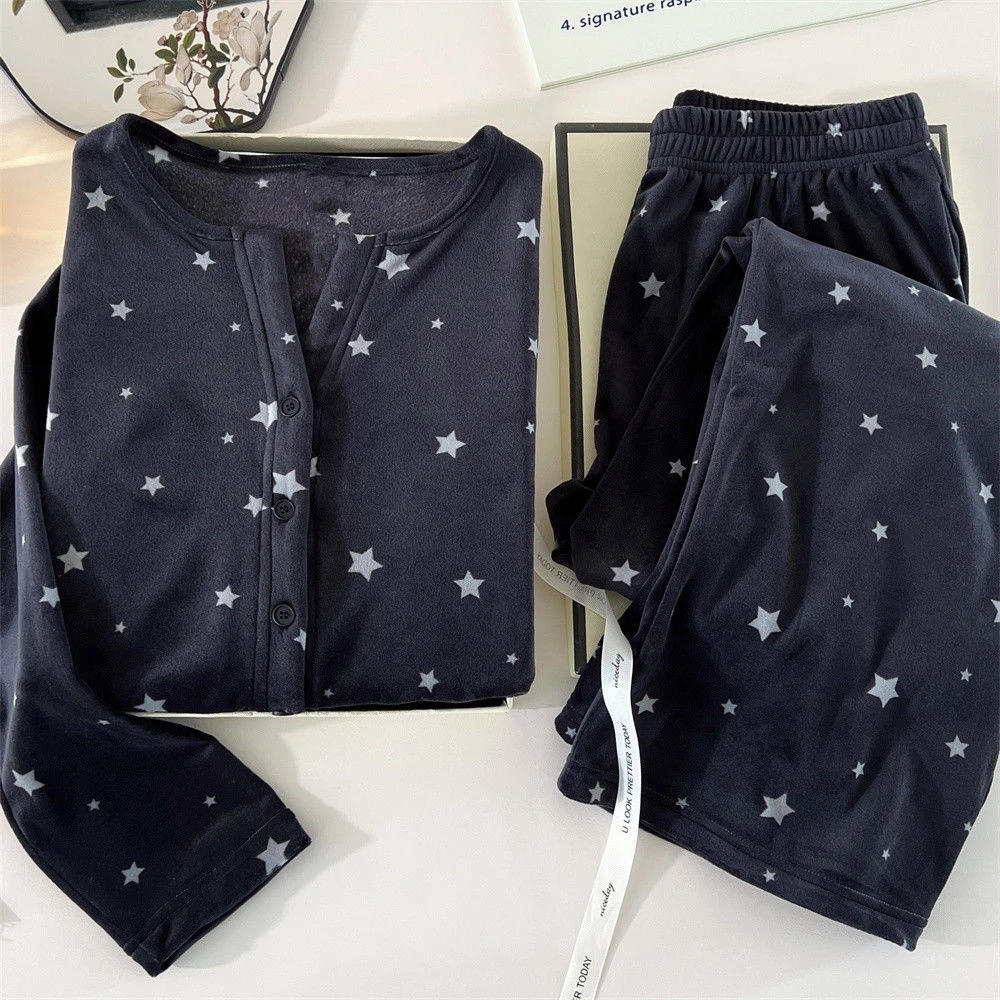 海岛绒睡衣女秋冬长袖套装时尚星空休闲保暖家居服两件套大码女士